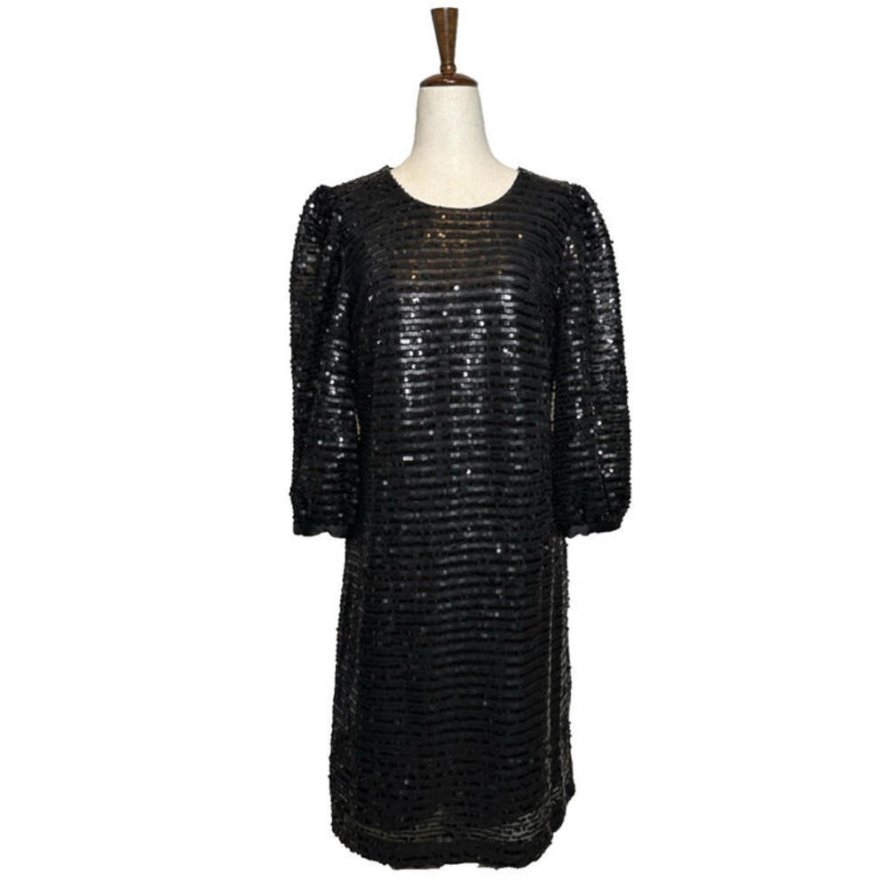 Karl Lagerfeld Sequin Puff Sleeve Shift  Mini Dress Womens 6 Black New NWT $148 - Picture 2 of 9